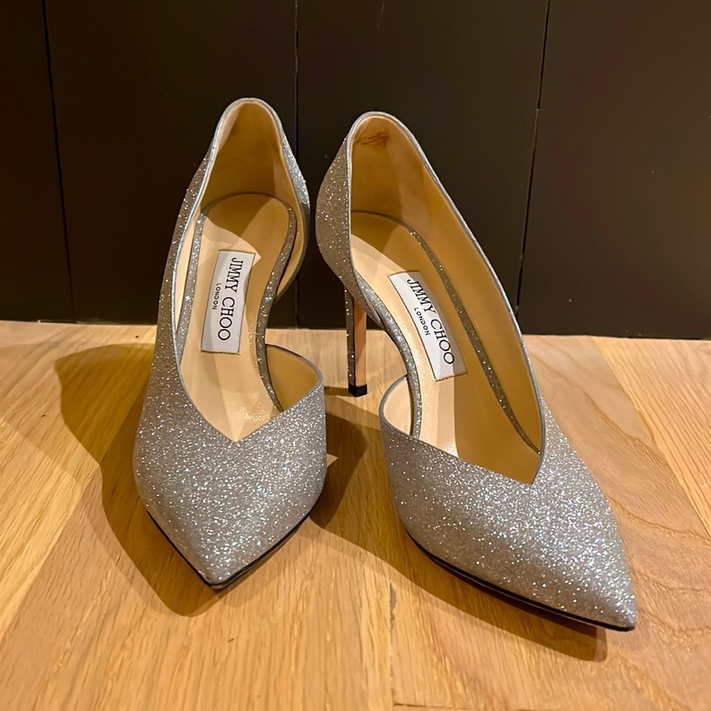 Jimmy Choo, size 37.5, silver glitter heel